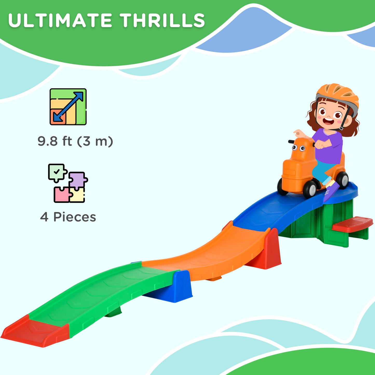 Qaba 9.8 ft Up and Down Roller Coaster for Kids, Thrill 4 Pieces Toddler Roller Coaster Ride on Toy with Side Steps, Sli
