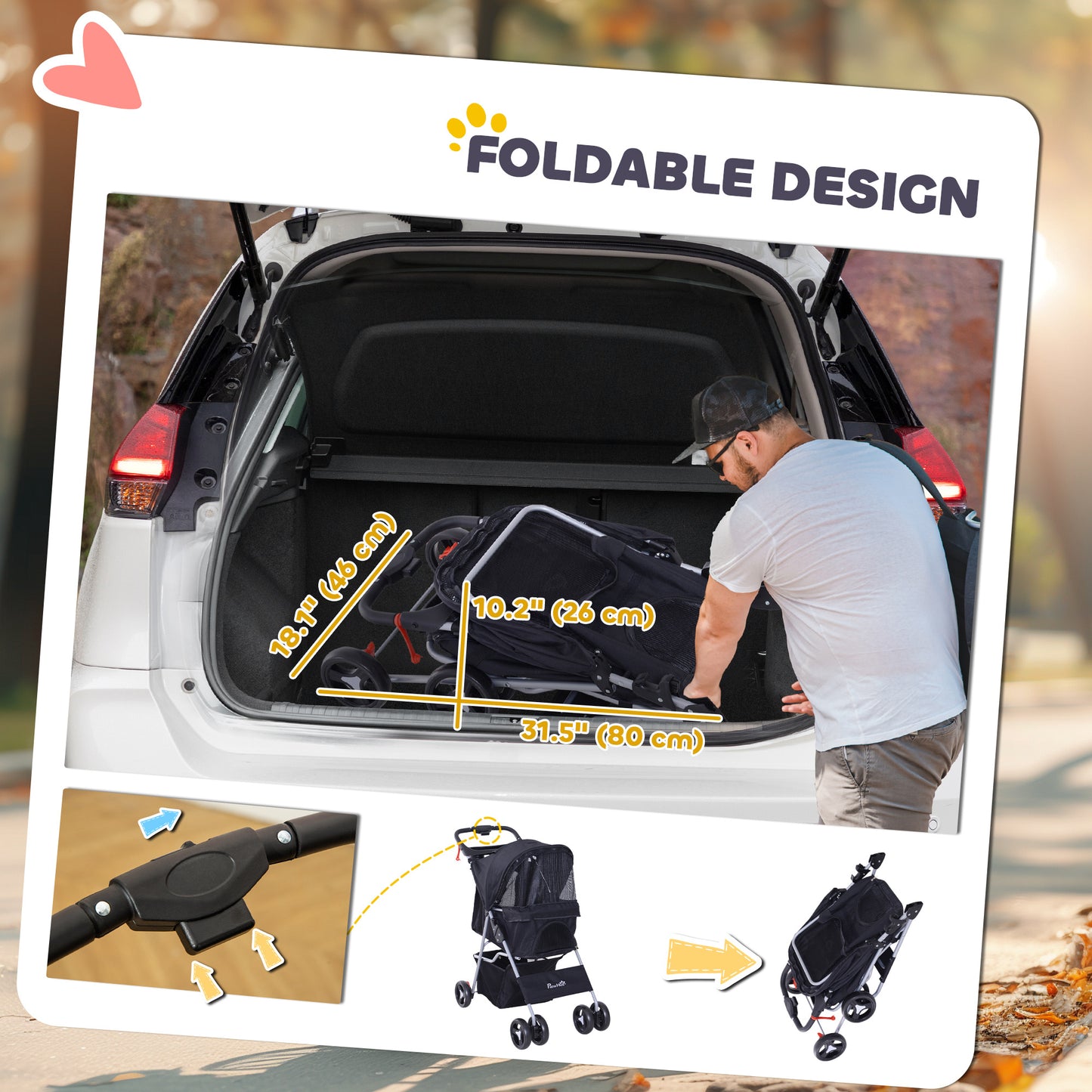 Cat Dog Stroller, One-click Foldable Pet Stroller w/Cup Holder, 4 Wheels Travel Carrier w/Brakes, 360° Swiveling Front W