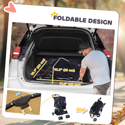 Cat Dog Stroller, One-click Foldable Pet Stroller w/Cup Holder, 4 Wheels Travel Carrier w/Brakes, 360° Swiveling Front W