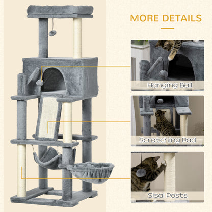55" Cat Tree for Indoor Cats, Cat Tower, Kitty Activity Center with Cat Bed Ramp Condo Hammocks Hanging Ball Toys Sisal 