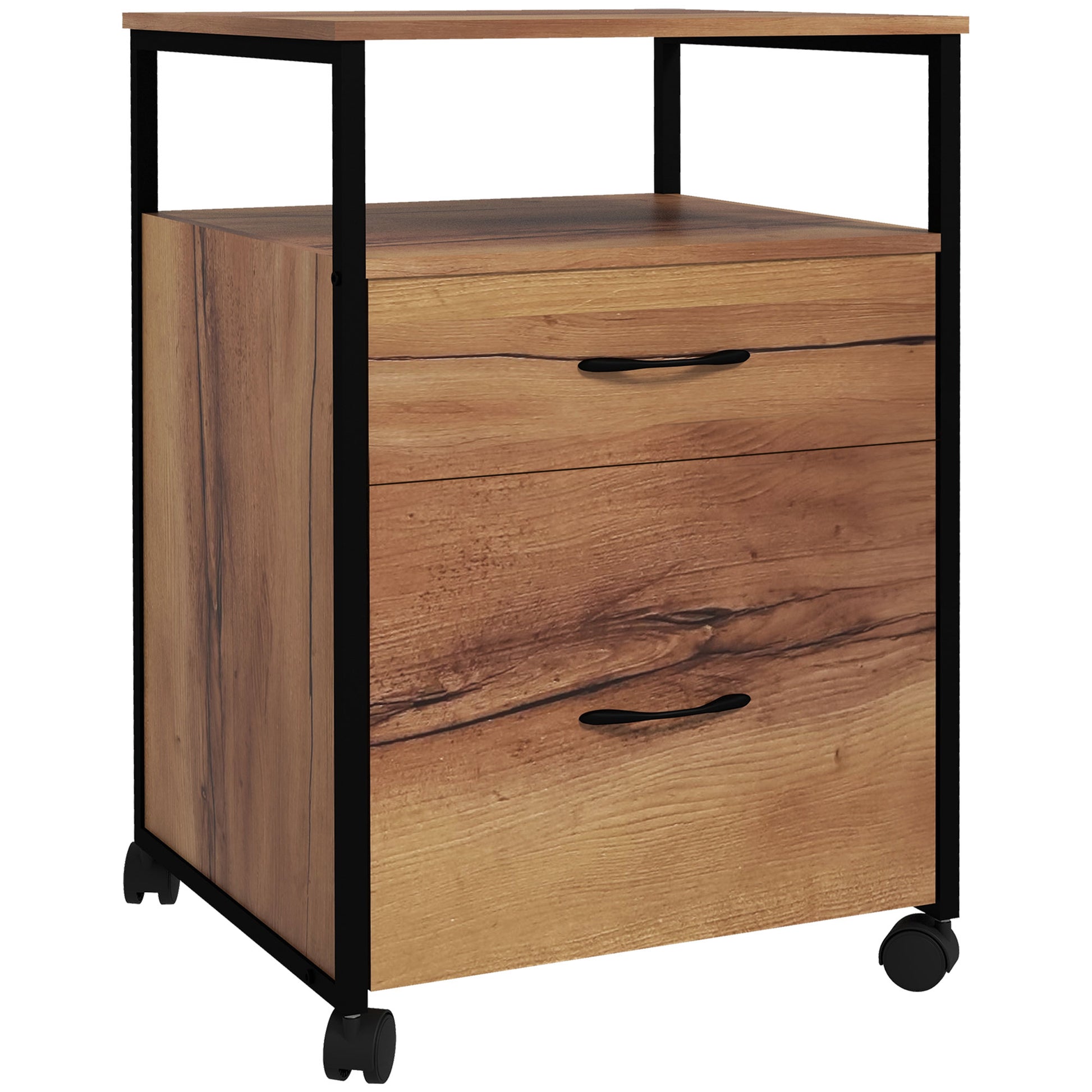 Vertical Filing Cabinet with Wheels, 26.2" Tall File Cabinet with 2 Drawers, Open Shelf, Hanging Bars for Letter and A4,