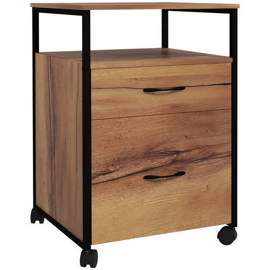 Vertical Filing Cabinet with Wheels, 26.2" Tall File Cabinet with 2 Drawers, Open Shelf, Hanging Bars for Letter and A4,