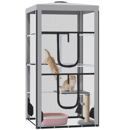 79" Cat Cage, Large Outdoor Kitten House, Indoor Cage Pet Kennel Playpen with 3 Platforms Door 4 Sandbags - Grey