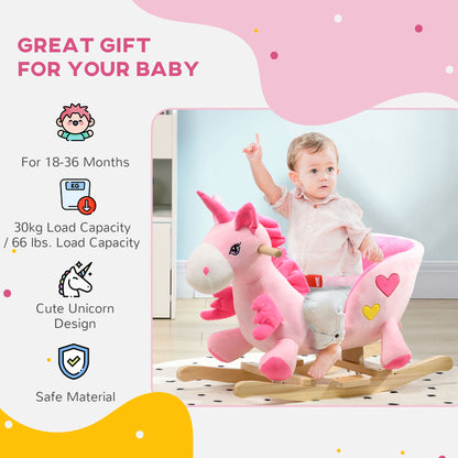 Qaba Baby Rocking Horse, Plush Animal Rocker for Toddlers Aged 18-36 Months, Stuffed Ride Toy with Sounds, Seat Belt, Pi