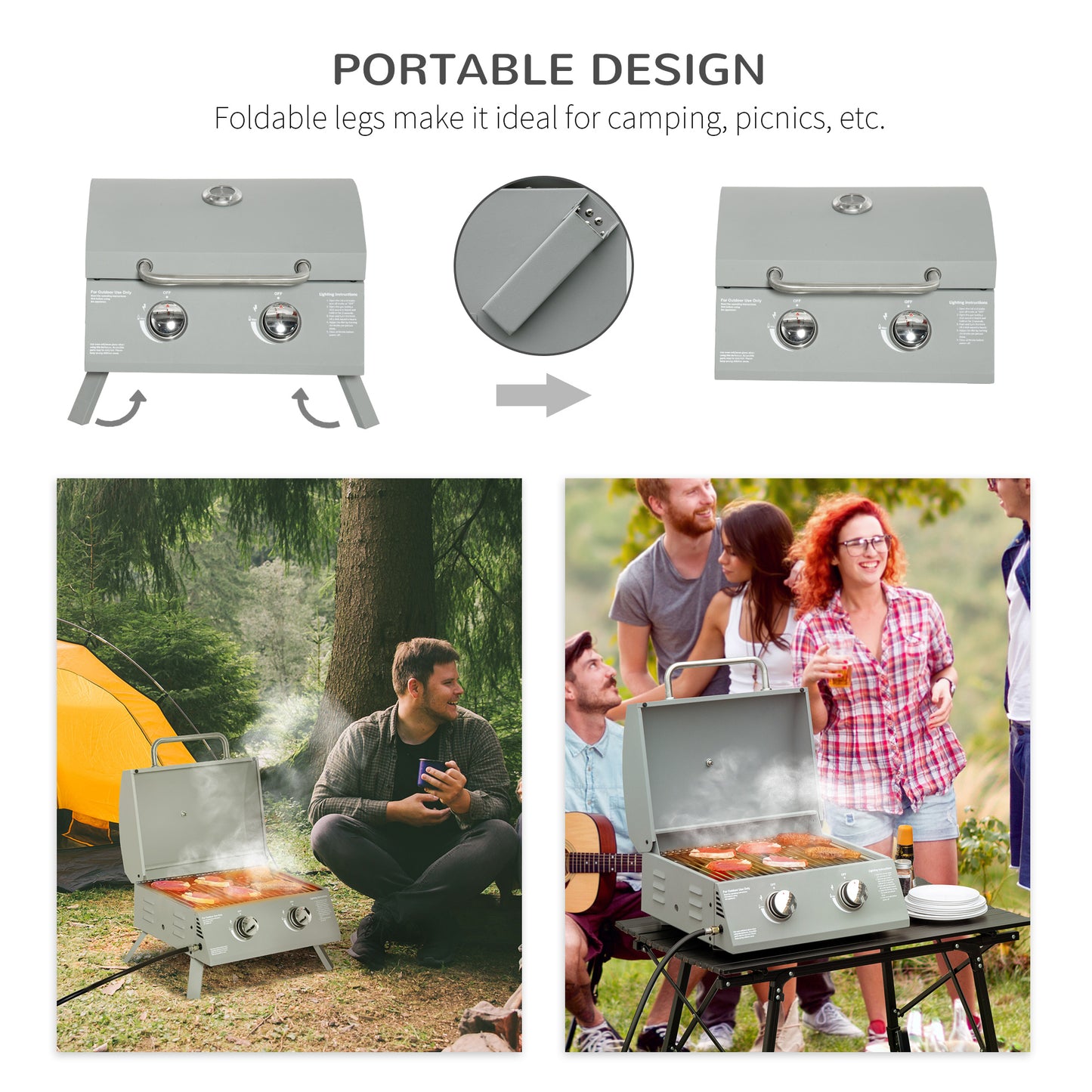 2 Burner Propane Gas Grill, Portable Tabletop BBQ with Foldable Legs, Lid, for Camping, Picnic, Silver