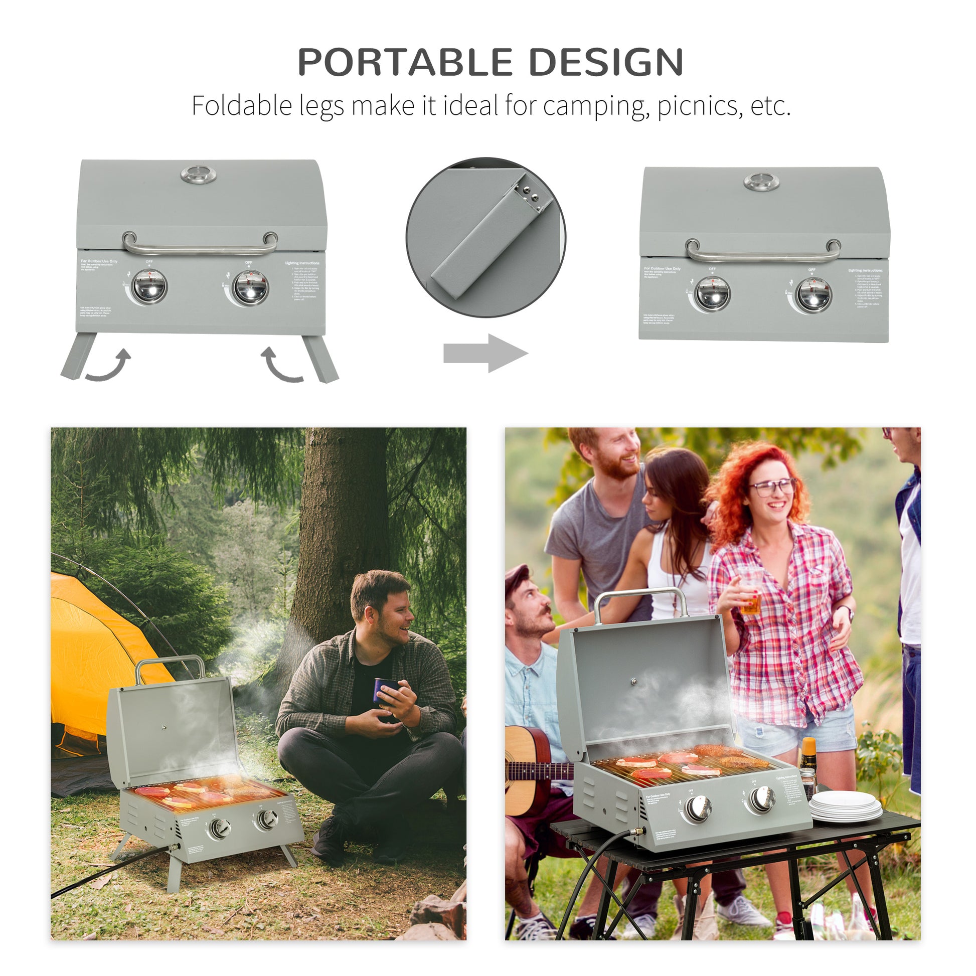 2 Burner Propane Gas Grill, Portable Tabletop BBQ with Foldable Legs, Lid, for Camping, Picnic, Silver