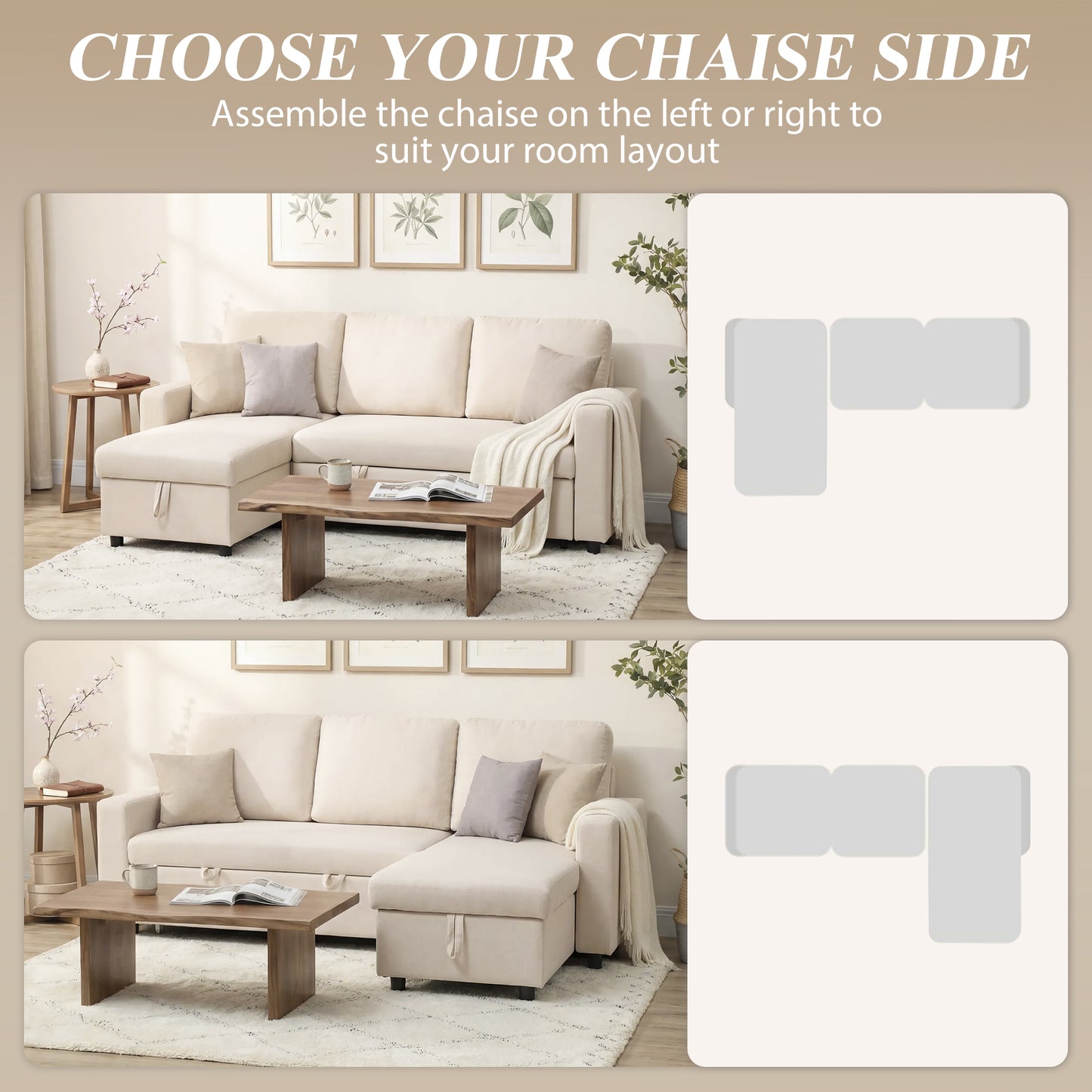 83" Sofa Bed, Pull Out Sleeper L Shaped Sectional Couch with Reversible Storage Chaise, Wide and Deep Seat, Cream White