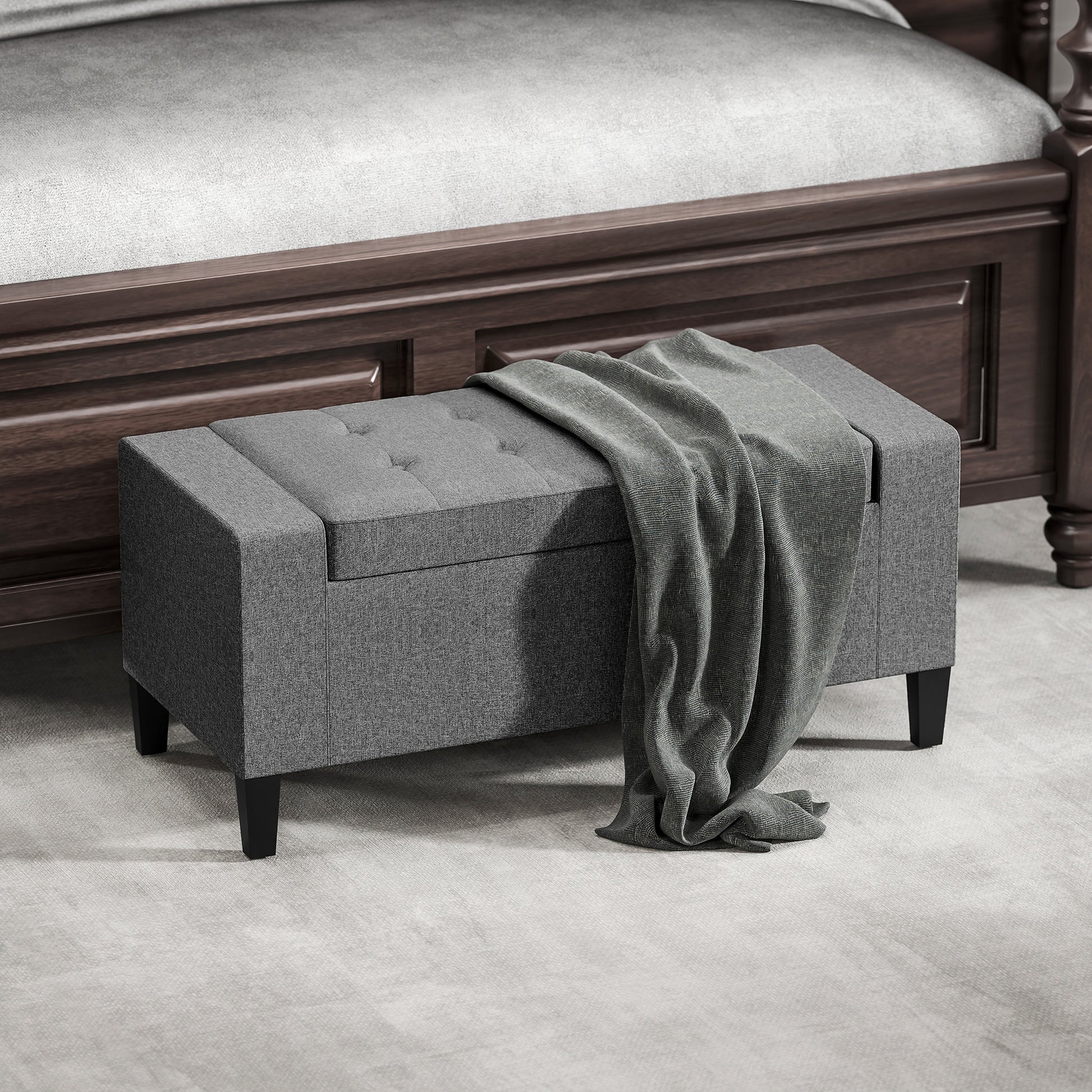 36" Storage Ottoman Bench, Linen-Look Fabric End of Bed Bench with Solid Wood Frame and Legs, Tufted Storage Chest, Foot