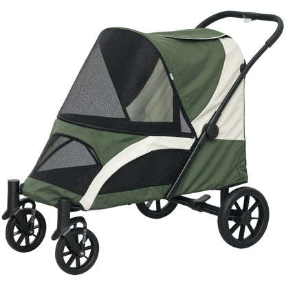 Foldable Pet Stroller for Medium Dogs with Four Big Wheels, Shock-Absorbing Frame, Safety Leashes, Brakes, Dark Green