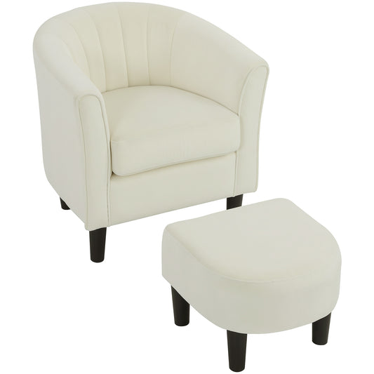 Accent Chair Modern Upholstered Living Room Chair with Ottoman and Pocket Spring Cushion Cream White