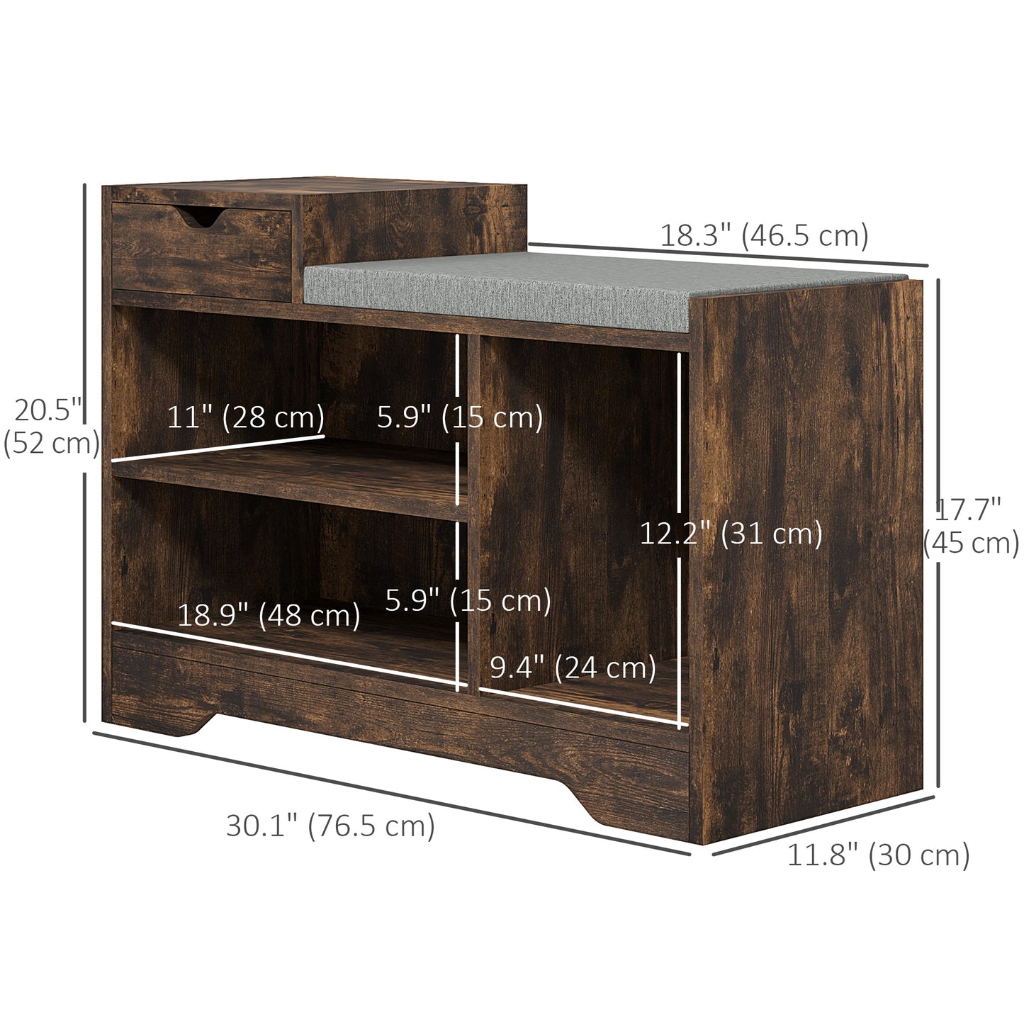 Upholstered Shoe Storage Bench, Hallway Shoe Storage with Seat, Drawer, 3 Open Shelves for Entryway, Rustic Brown