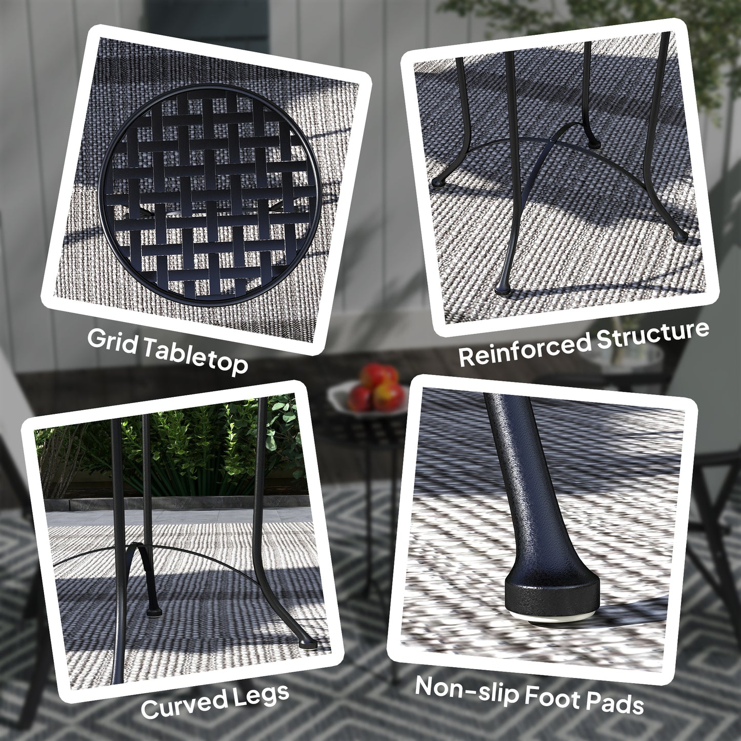 16" Round Outdoor Table, Small Patio Side Table, Metal End Table Plant Stand with Grid Top for Indoor, Garden, Black