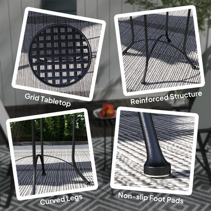16" Round Outdoor Table, Small Patio Side Table, Metal End Table Plant Stand with Grid Top for Indoor, Garden, Black