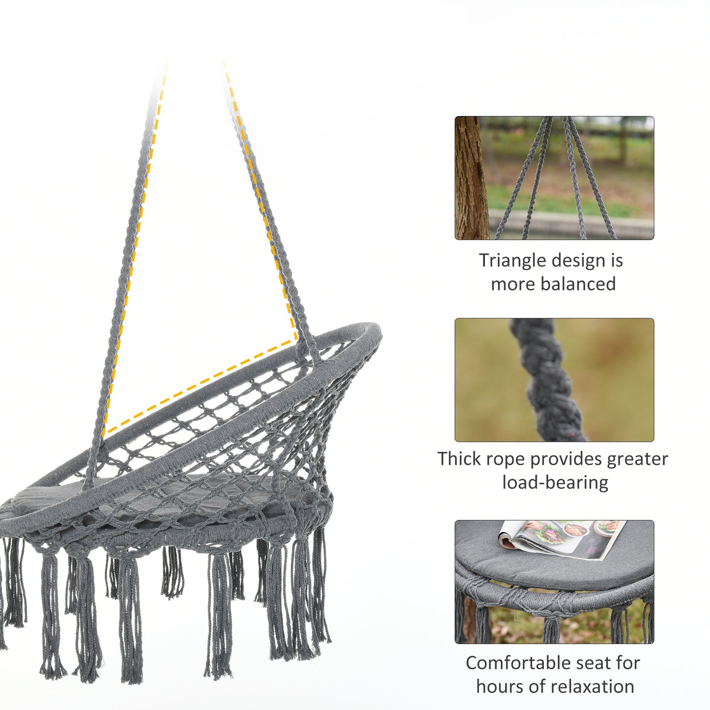 Patio Hammock Chair, Hanging Rope Hammock Swing for Indoor & Outdoor Use with Backrest, Cotton-Polyester Blend, Fringe T