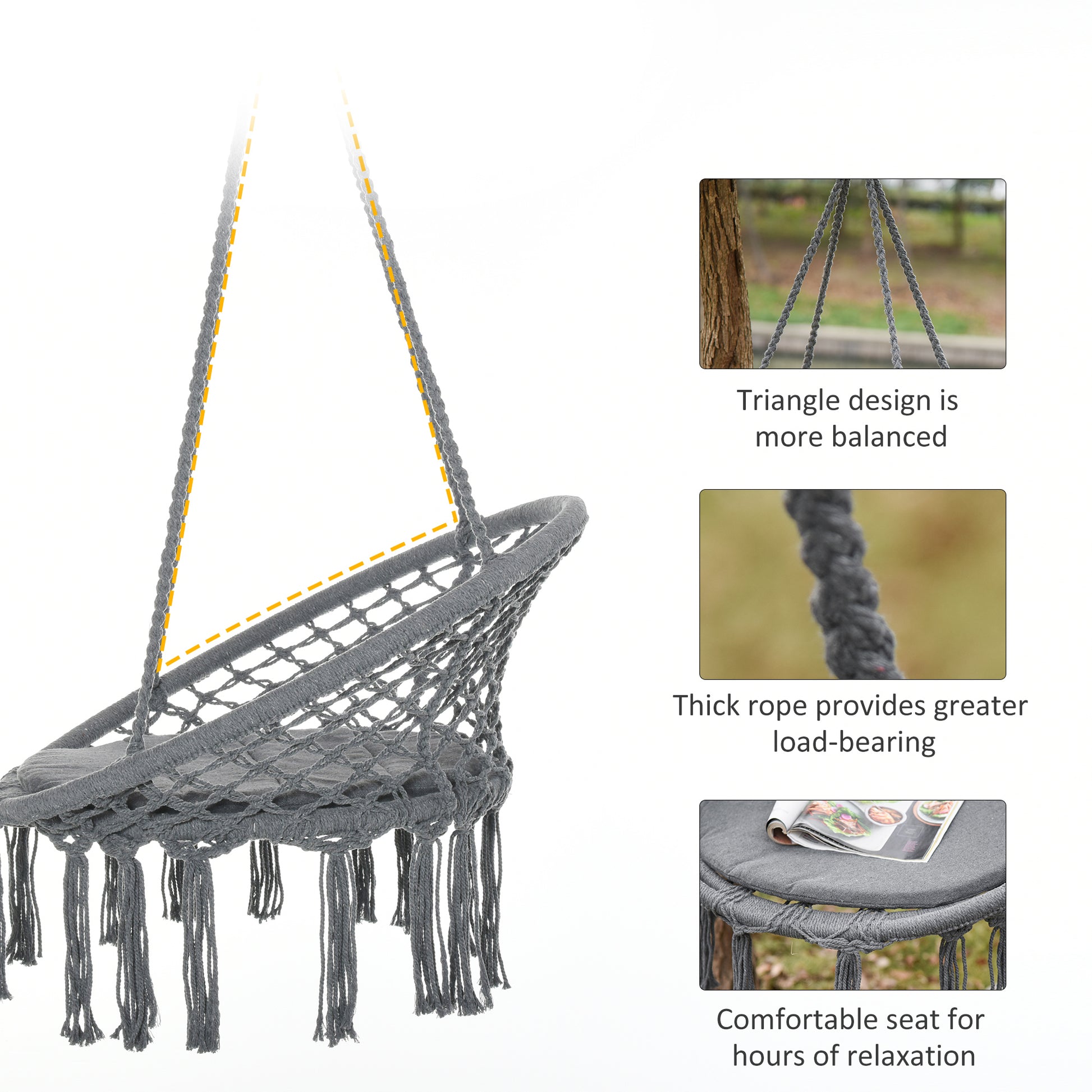 Patio Hammock Chair, Hanging Rope Hammock Swing for Indoor & Outdoor Use with Backrest, Cotton-Polyester Blend, Fringe T