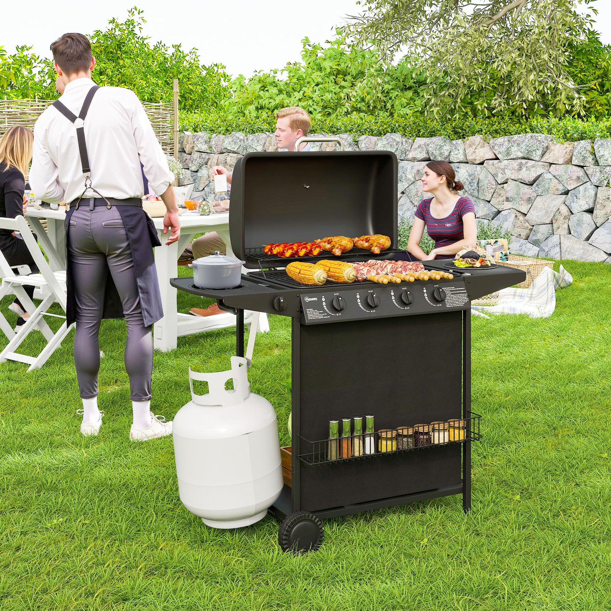 4+1 Burner Propane Gas BBQ Grill, Portable Gas Barbecue Grill with Side Burner, Thermometer, Lid, Side Table, Shelf, Spi