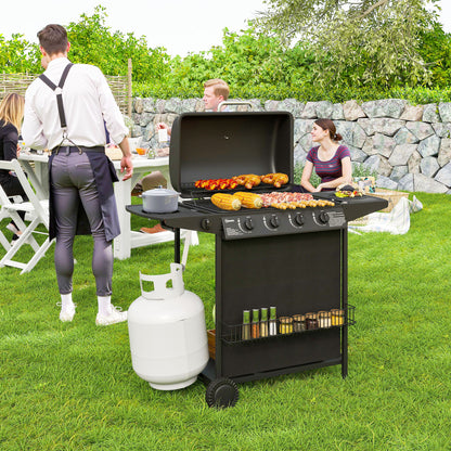 4+1 Burner Propane Gas BBQ Grill, Portable Gas Barbecue Grill with Side Burner, Thermometer, Lid, Side Table, Shelf, Spi