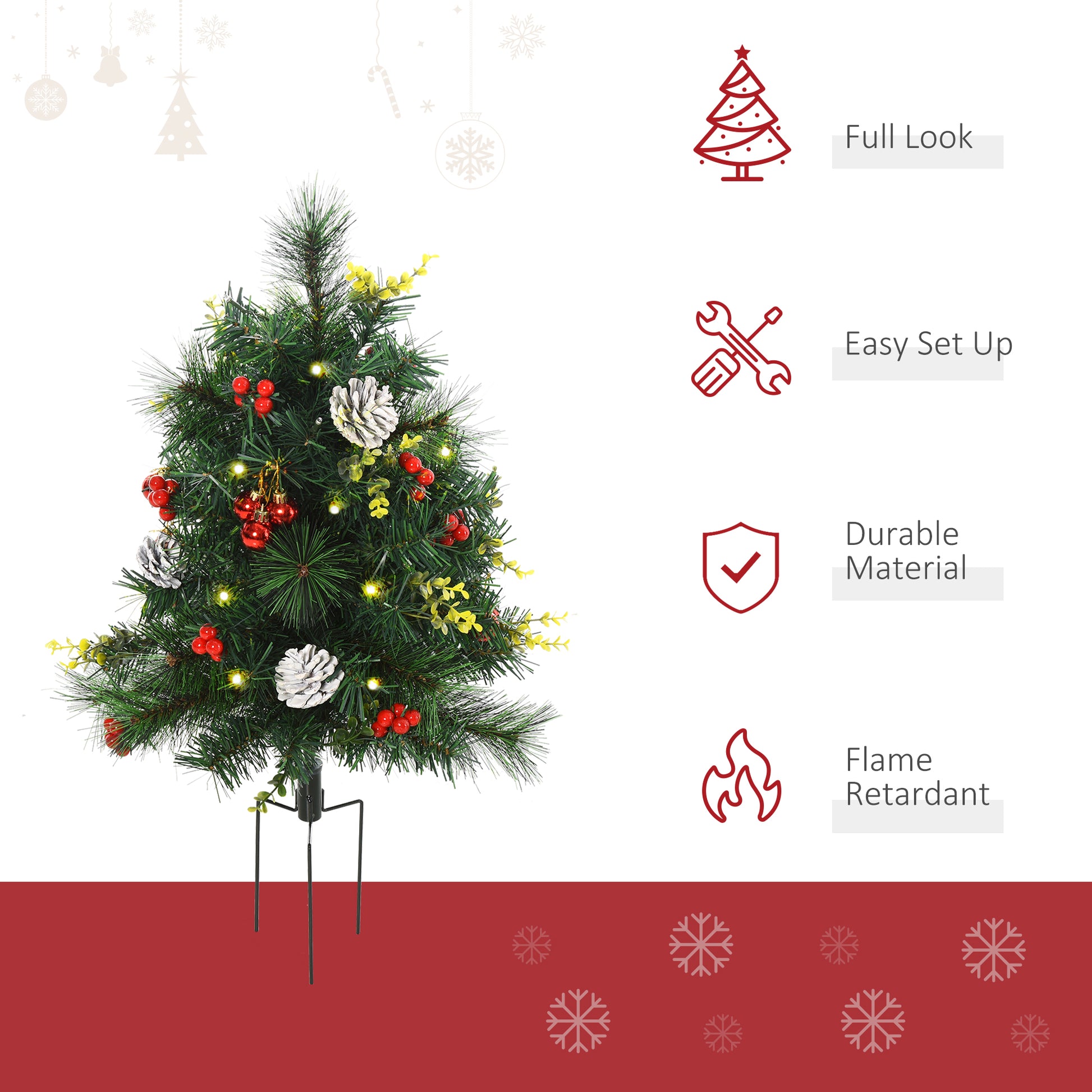 2.5ft 2 Pieces Prelit Artificial Christmas Tree with LED Light Mini Xmas Tree with Small Berry Pine Needles Pinecones De