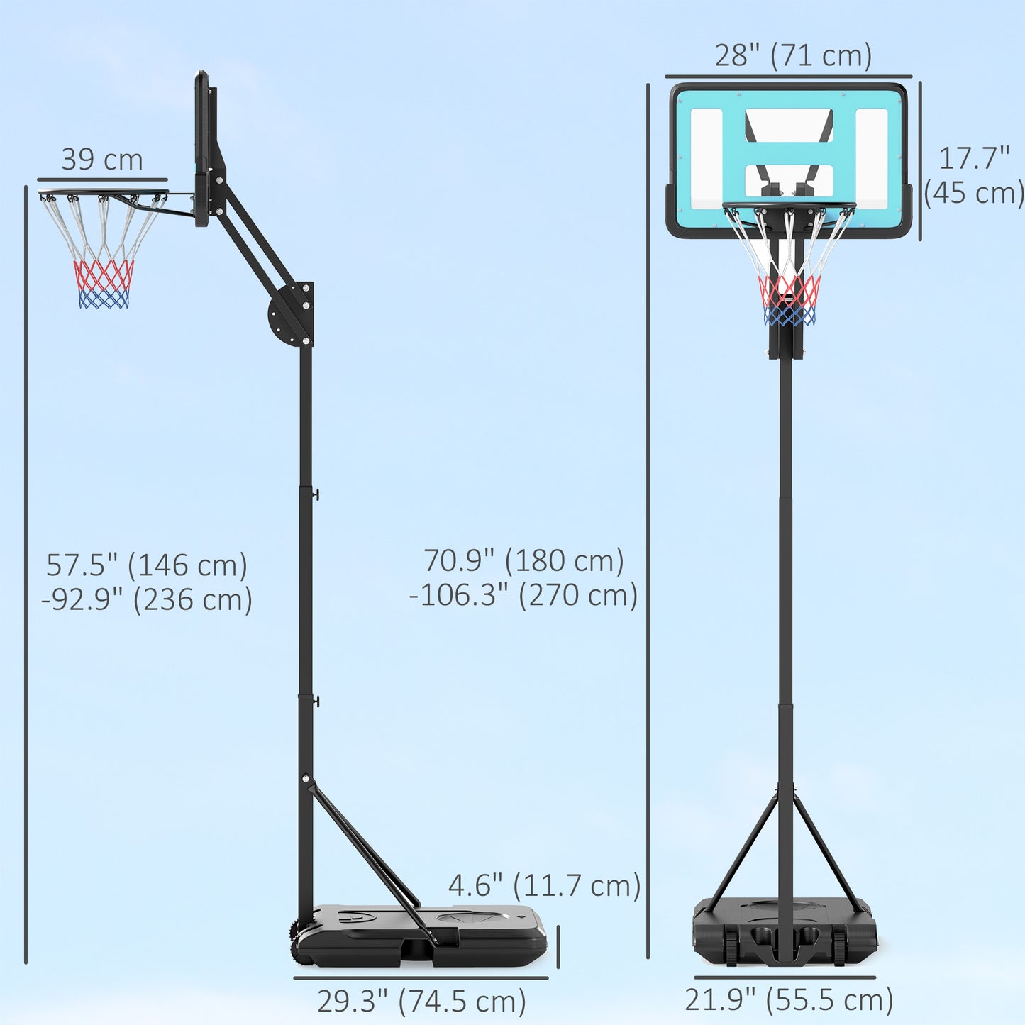 Soozier Basketball Hoop Outdoor, Basketball Hoop and Stand with Weighted Base and Shatterproof Backboard, 57.5"-92.9", B