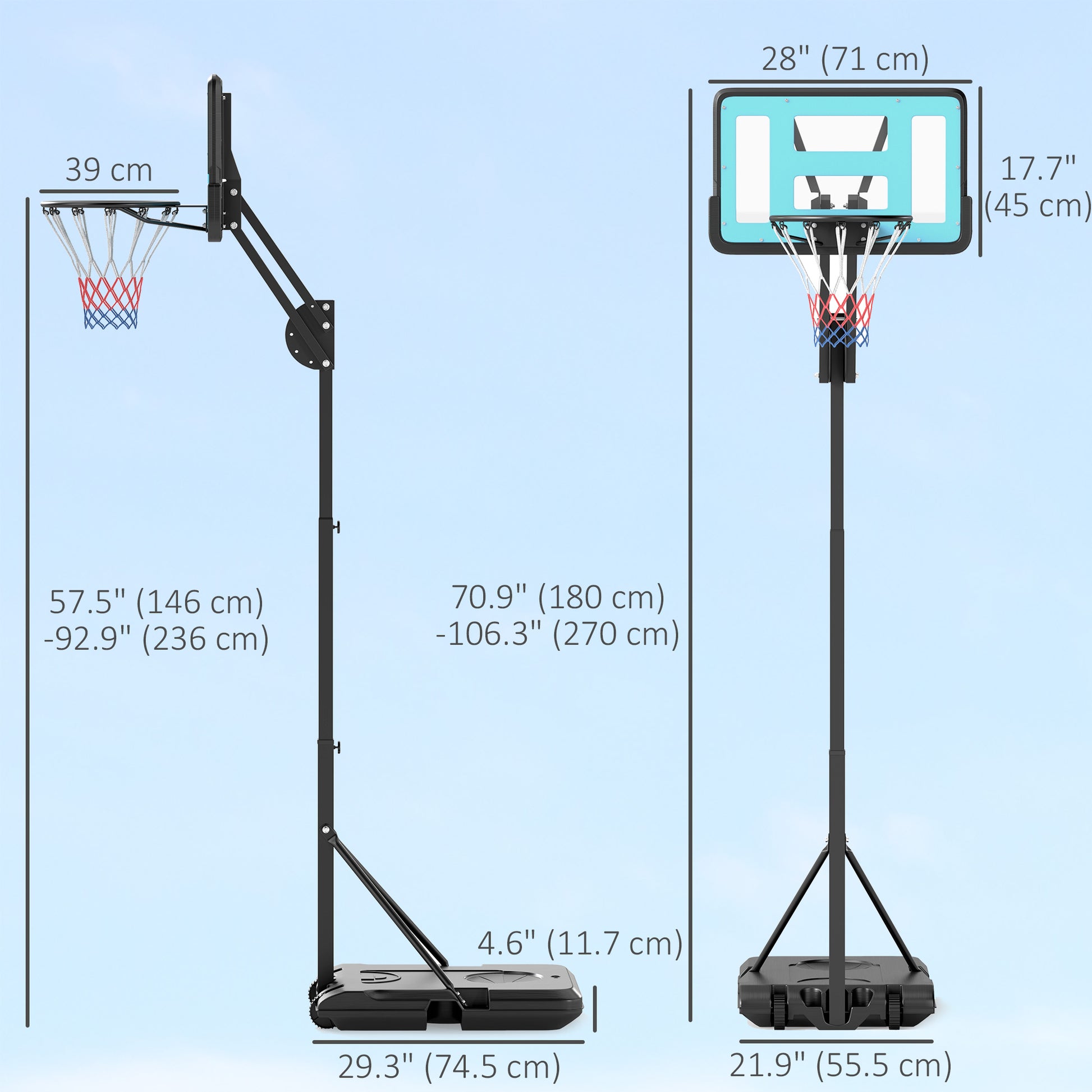 Soozier Basketball Hoop Outdoor, Basketball Hoop and Stand with Weighted Base and Shatterproof Backboard, 57.5"-92.9", B