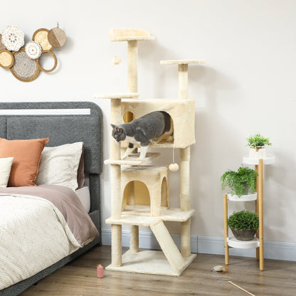 63" Cat Tree, Multi-Level Cat Tower with Scratching Posts, Cat Condos, Bed, Platforms, Ramp, Toy Ball, Cream White