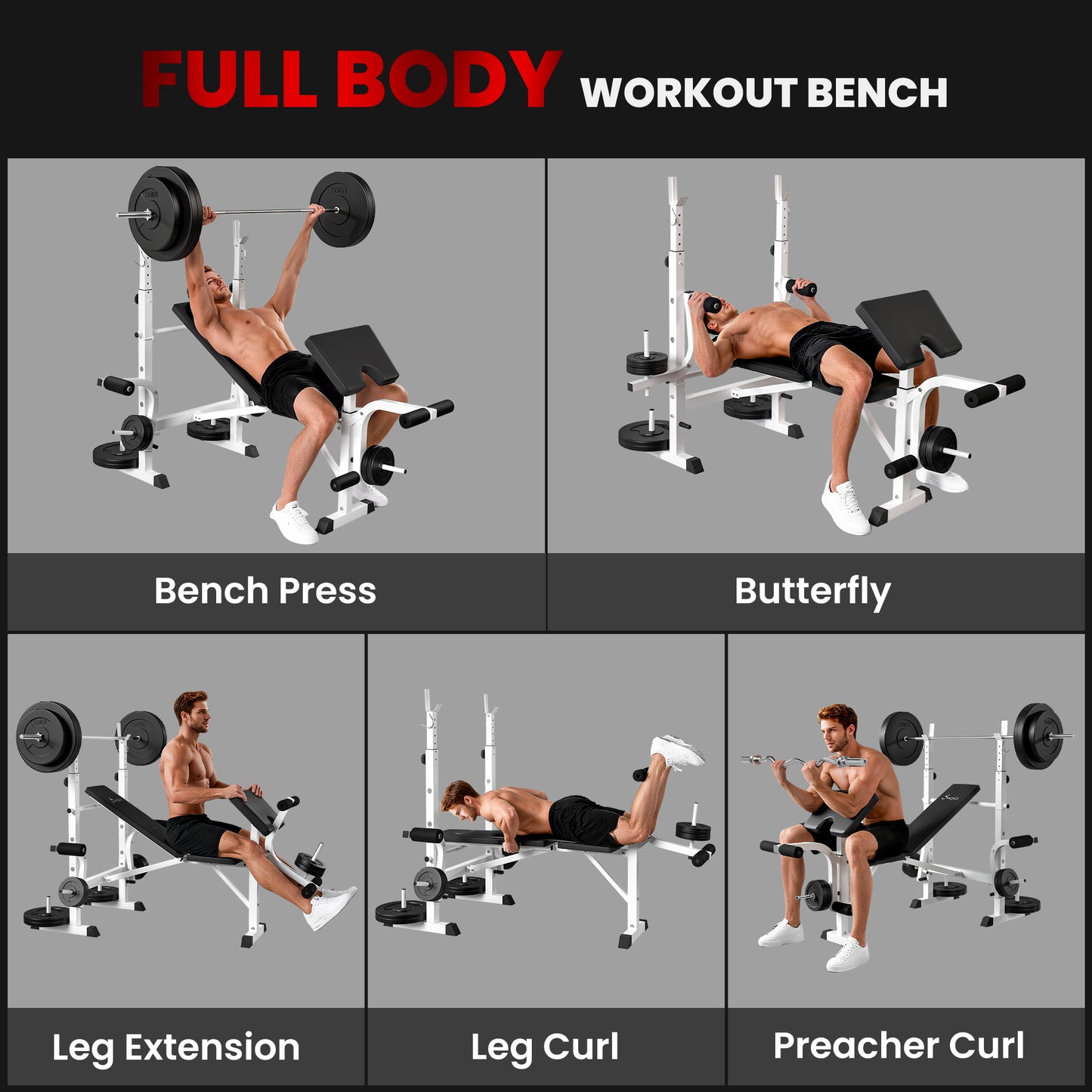Soozier Bench Press Set Adjustable Weight Bench with Squat Rack, Preacher Curl Pad, Leg Developer and Weight Storage, Wh