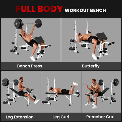 Soozier Bench Press Set Adjustable Weight Bench with Squat Rack, Preacher Curl Pad, Leg Developer and Weight Storage, Wh