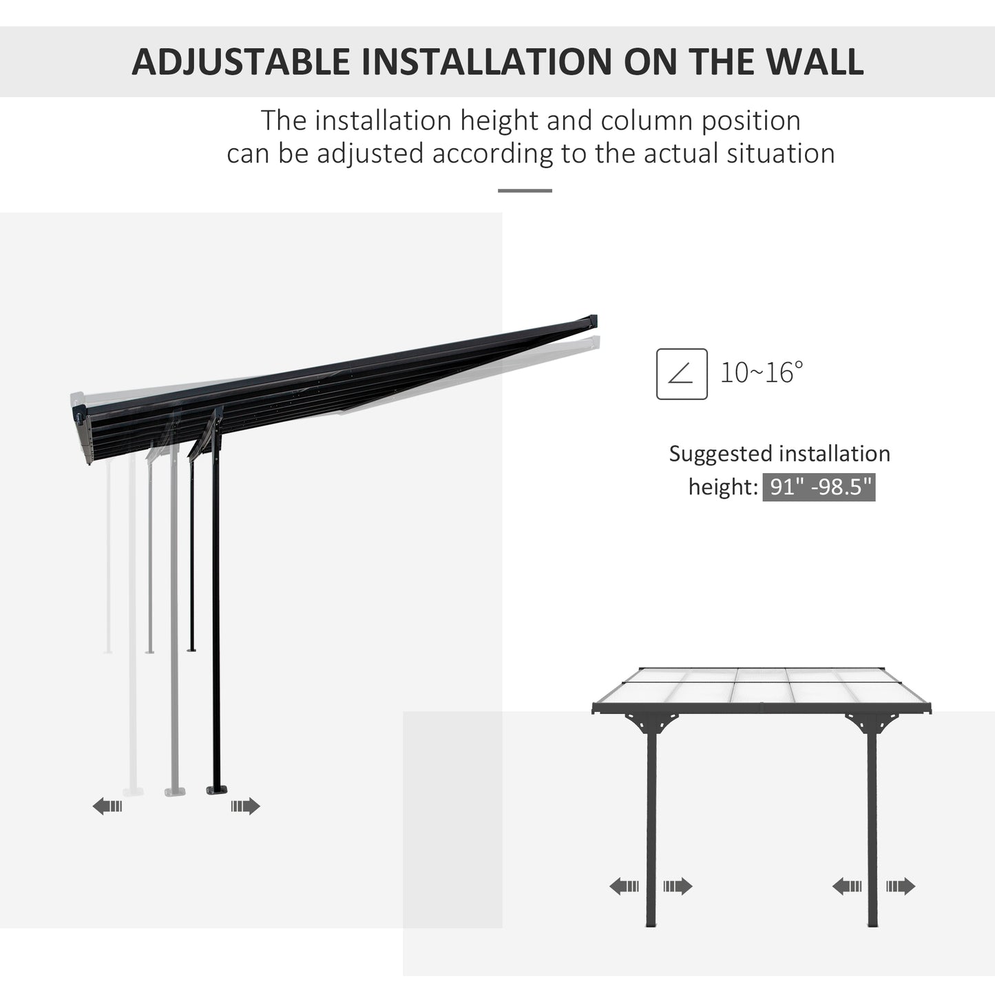 10' x 10' Outdoor Hardtop Pergola Gazebo with Adjustable Height, Aluminum Pergola with Polycarbonate Roof, UV Protection