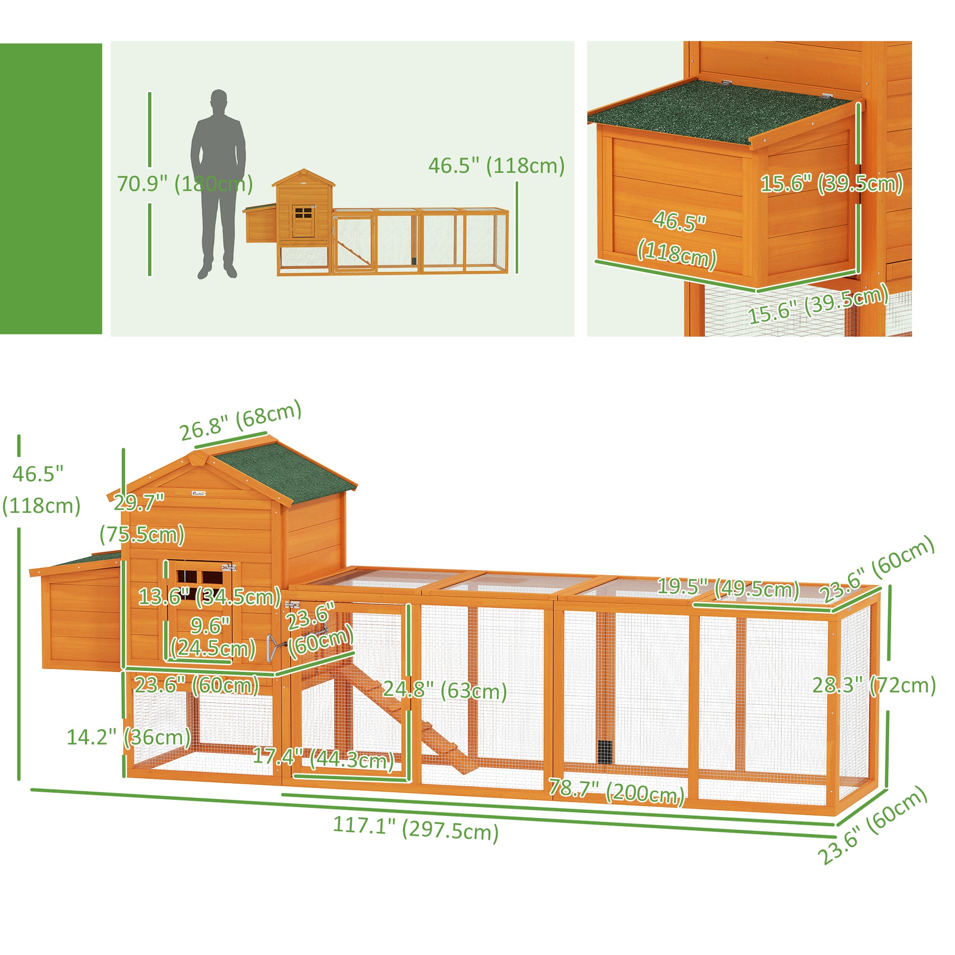117" Extra Large Chicken Coop with Asphalt Roof, Wooden Hen House with Slide-out Tray, Quail Hutch with Nesting Box, Ora