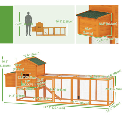 117" Extra Large Chicken Coop with Asphalt Roof, Wooden Hen House with Slide-out Tray, Quail Hutch with Nesting Box, Ora