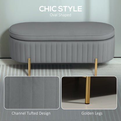 Upholstered Bedroom Bench, Channel Tufted Ottoman Bench with Thick Padding and Metal Legs, Grey
