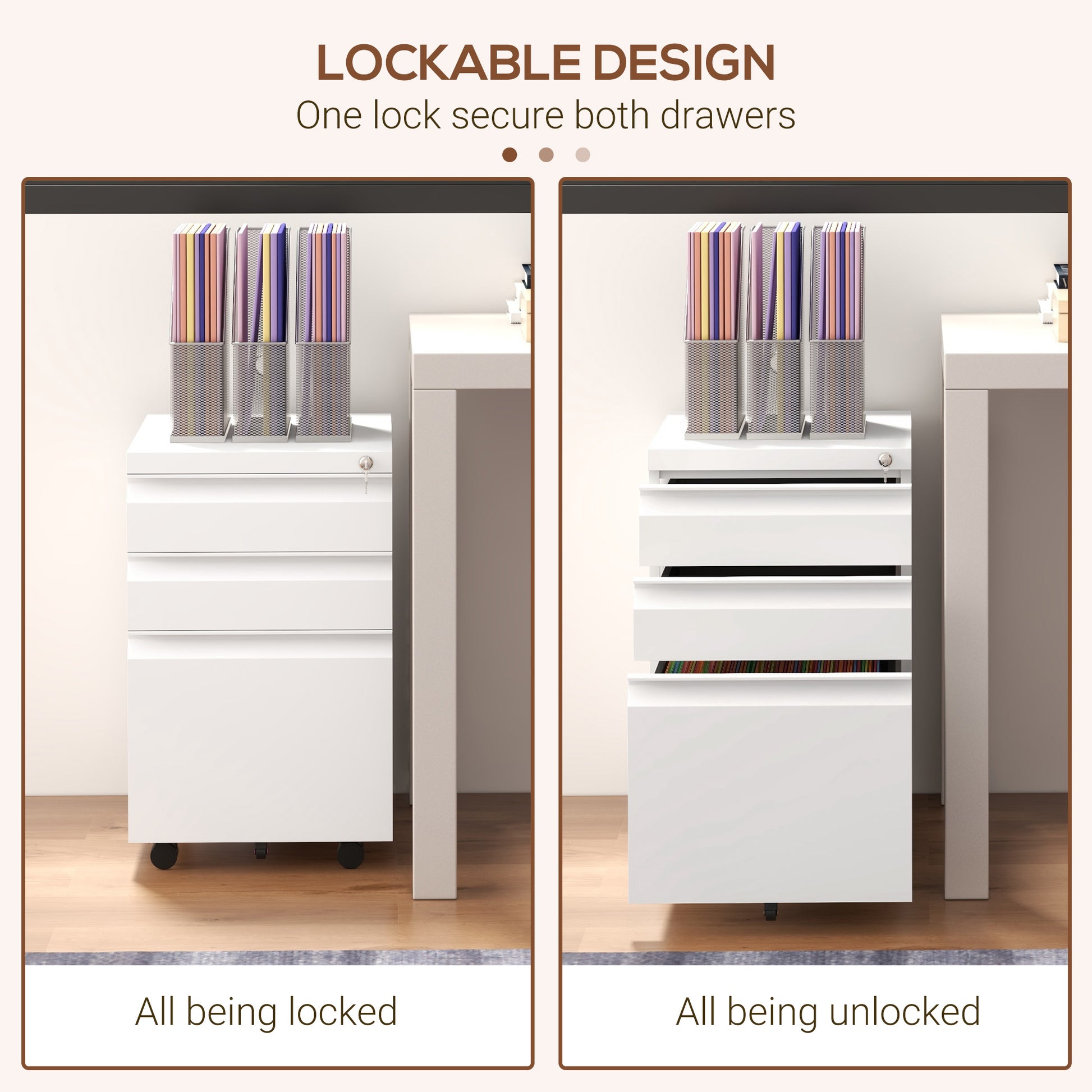 3 Drawer File Cabinet with Lock, Steel Vertical Filing Cabinet with 5 Wheels and Hanging Bar for A4/Legal/Letter, Home O