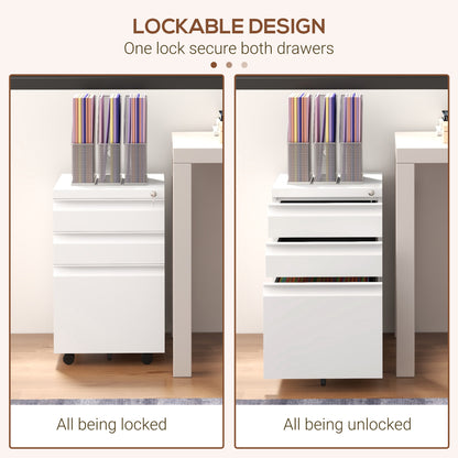 3 Drawer File Cabinet with Lock, Steel Vertical Filing Cabinet with 5 Wheels and Hanging Bar for A4/Legal/Letter, Home O