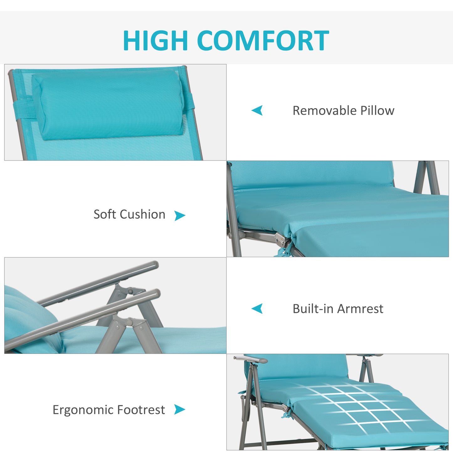 Lounge Chair Outdoor, Folding Patio Chaise Lounger, 360 lbs 7-Position Adjustable Back Outdoor Recliner with Cushion, He