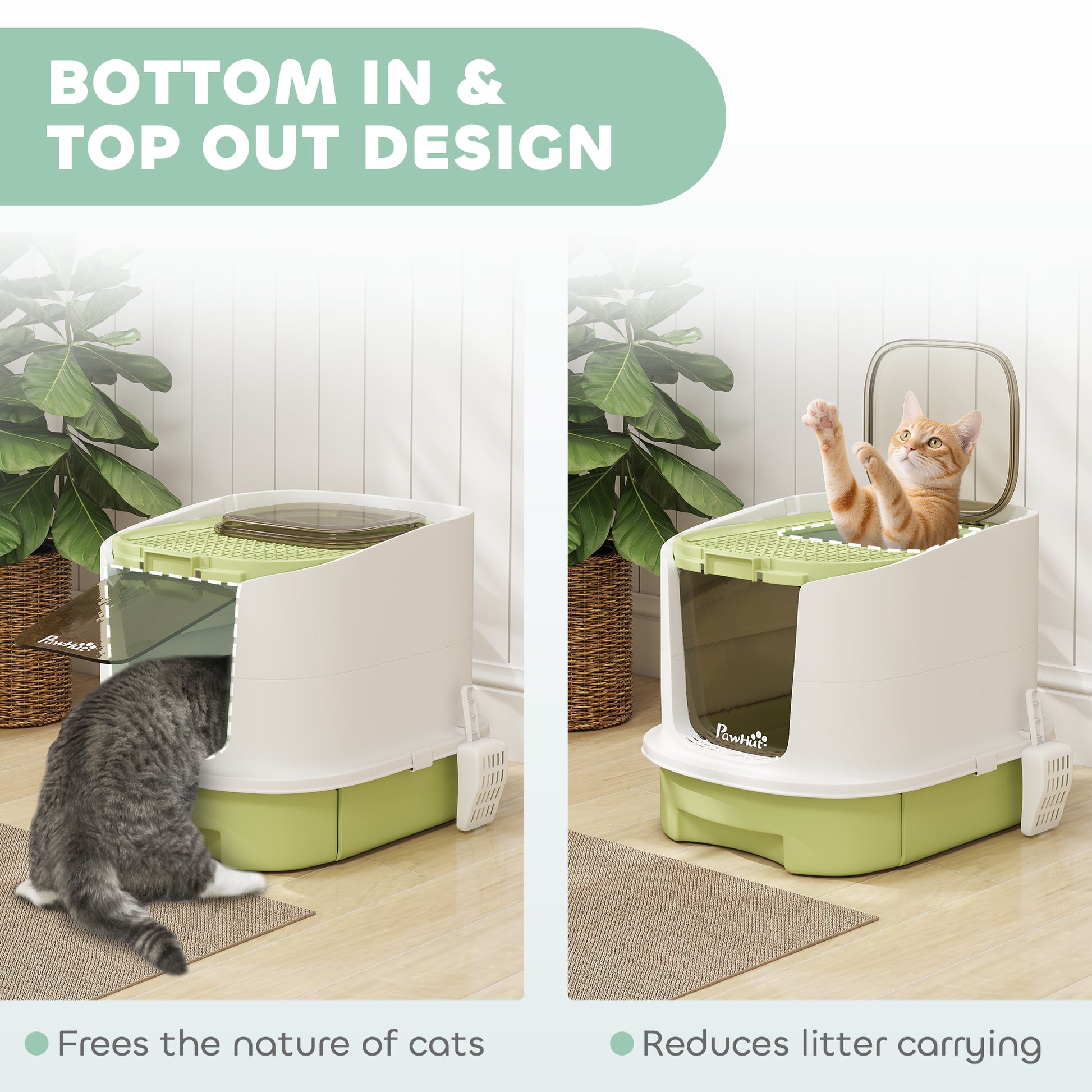 Enclosed Cat Litter Box with Lid, Scoop, Top Entry, Deodorization Bags, Drawer Type Cat Litter Tray, Easy to Clean, Gree