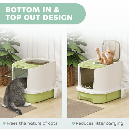 Enclosed Cat Litter Box with Lid, Scoop, Top Entry, Deodorization Bags, Drawer Type Cat Litter Tray, Easy to Clean, Gree