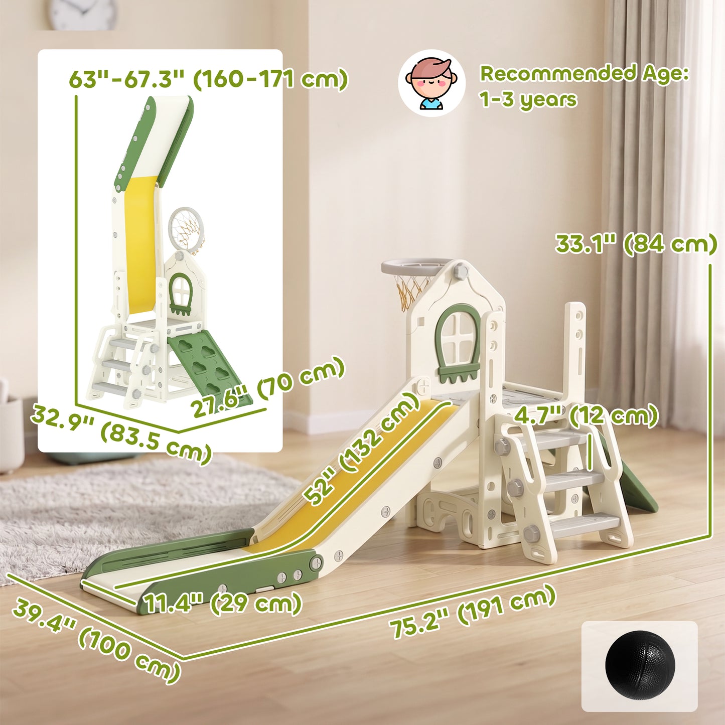 Qaba Foldable 5 in 1 Toddler Slide with Ladder, Climbing Wall, Basketball Hoop, Storage and Basketball for 1-3 Years, Cr