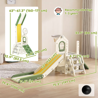 Qaba Foldable 5 in 1 Toddler Slide with Ladder, Climbing Wall, Basketball Hoop, Storage and Basketball for 1-3 Years, Cr
