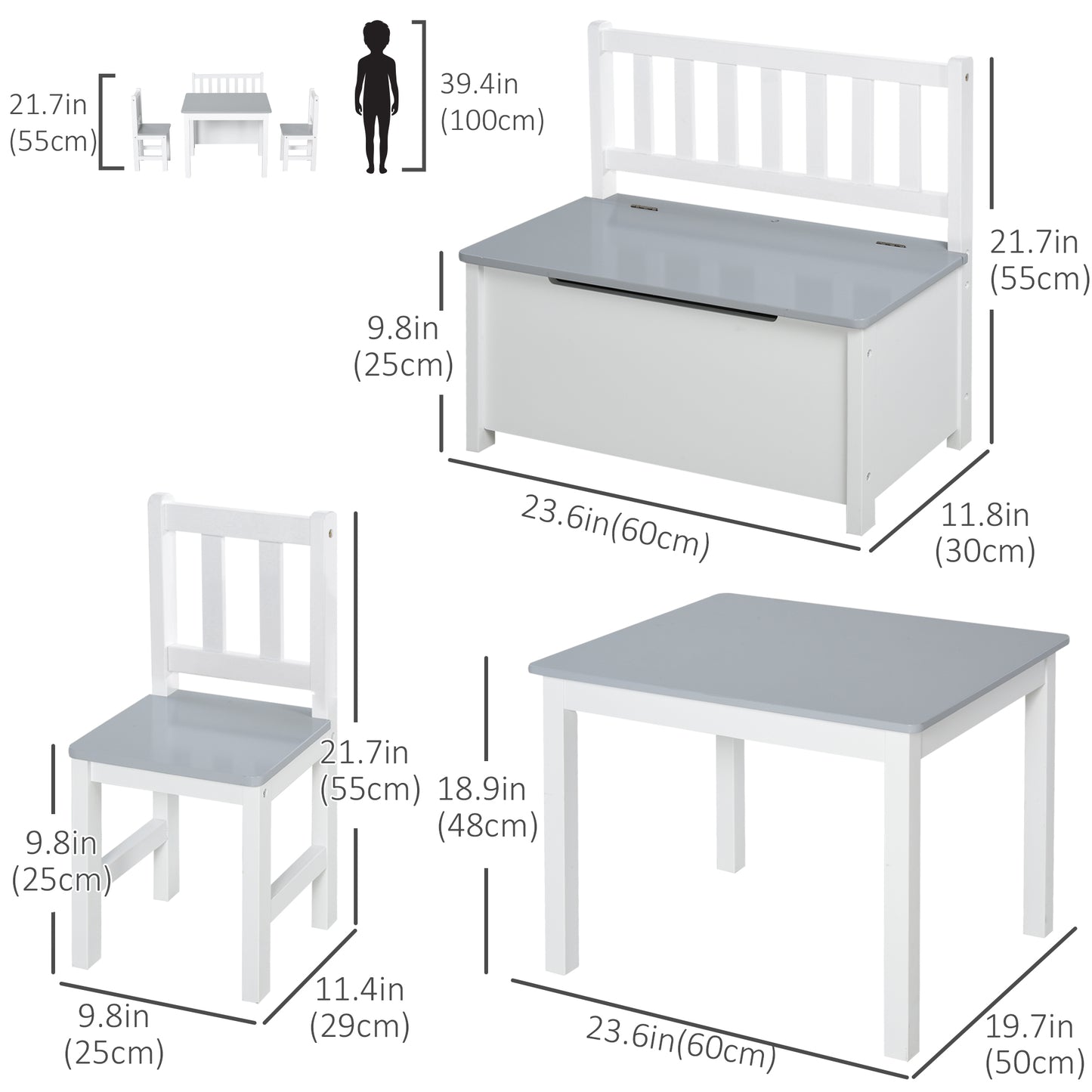 Qaba 4-Piece Set Kids Wood Table Chair Bench with Storage Function Gift for Toddlers