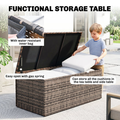 6 Pieces Wicker Patio Furniture Set with Cushions, 7-Seater Rattan Patio Sofa Set with Storage Table, Cream White