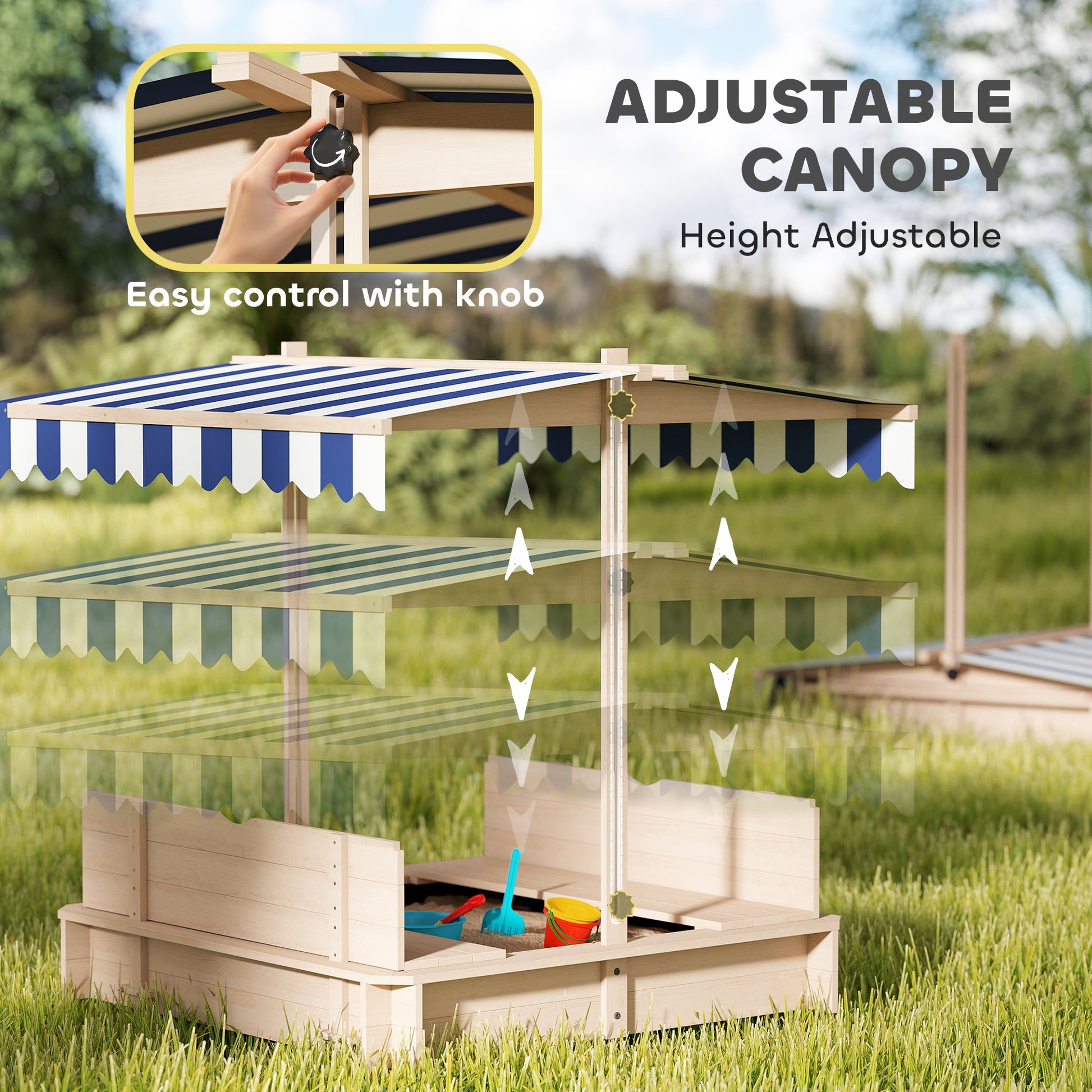 Kids Wooden Sandbox Outdoor Backyard Playset Children Play Station w/ Adjustable Canopy & Convertible Bench Sand for 3-7