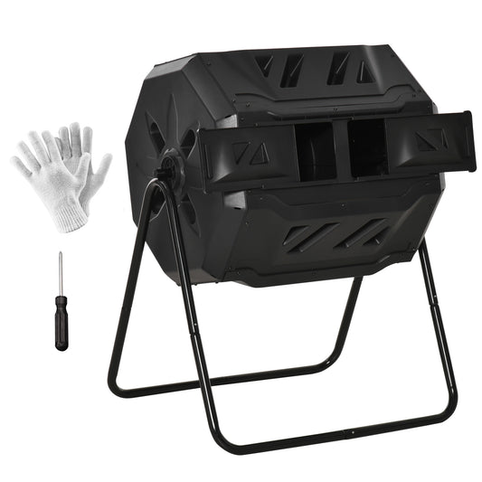 43 Gallon (160L) Tumbling Compost Bin Outdoor Dual Chamber 360° Rotating Composter with Sliding Doors, Solid Steel Frame