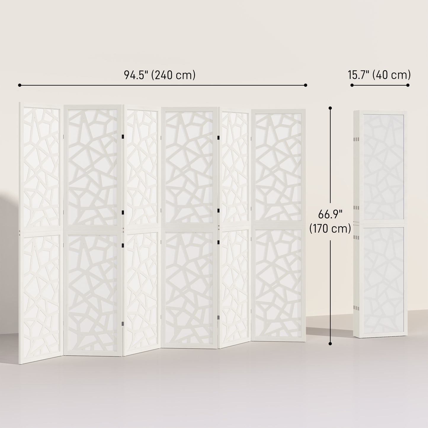 6 Panel Room Divider, 5.6 FT Lightweight Folding Privacy Screen with Geometric Pattern for Living Room, Bedroom, White