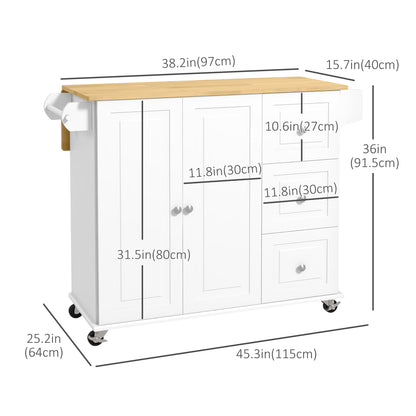 Kitchen Island on Wheels, Kitchen Cart with Drop Leaf, Drawers, White
