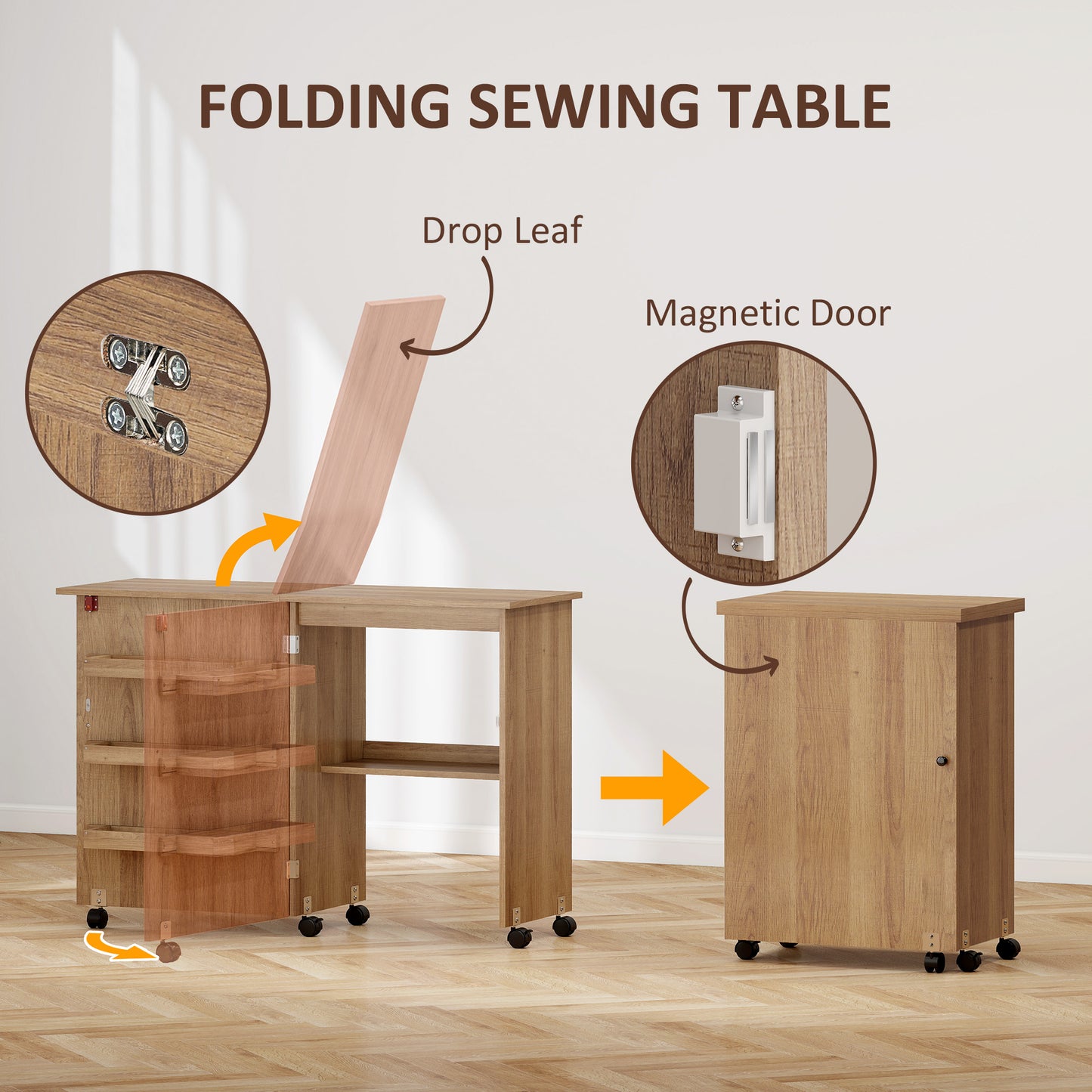 Sewing Machine Cabinet, Folding Sewing Table with Storage Shelf, Bins and Lockable Wheels for Small Space, Brown