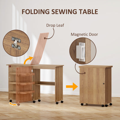 Sewing Machine Cabinet, Folding Sewing Table with Storage Shelf, Bins and Lockable Wheels for Small Space, Brown