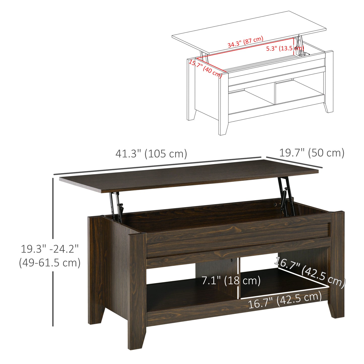 Lift Top Coffee Table with Hidden Storage Compartment and Open Shelves, Lift Tabletop Pop-Up Center Table for Living Roo