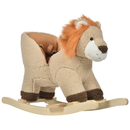 Qaba Baby Rocking Horse Lion Design Plush Stuffed Rocking Chair, Wooden Rocking Horse with Sound, Seat Belt for Boys and
