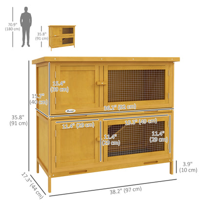 Wood Rabbit Hutch with 2 Large Main House, Ramp, Trays, Yellow