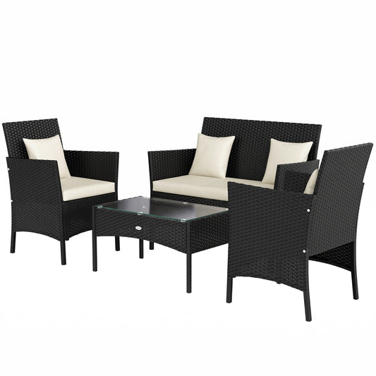 4-Piece Rattan Outdoor Furniture Set Patio Furniture Set with Coffee Table 22.8" W x 21.7" D x 33.5" H Black & Cream